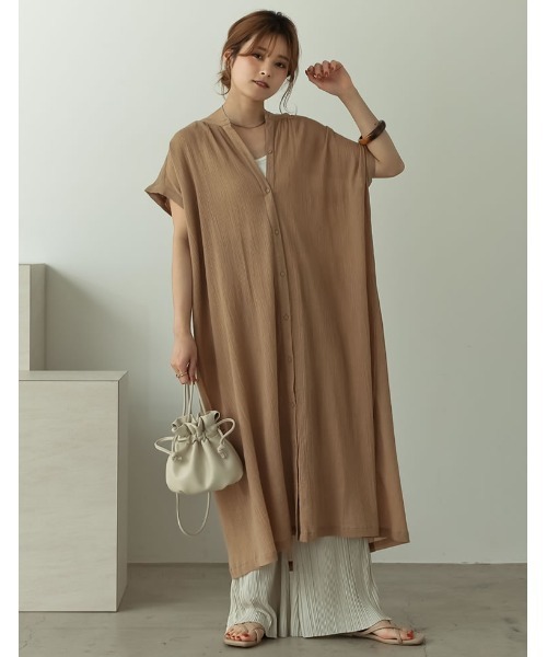 Re:EDIT（リエディ）の「インド綿楊柳マオカラーフレンチスリーブシャツワンピース（ワンピース・レディース・カーキ/オフホワイト/ブラック/オレンジ/モカ・LARGE/MEDIUM/SHORT）」の3枚目の写真