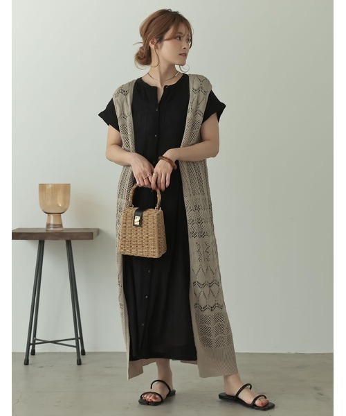 Re:EDIT（リエディ）の「インド綿楊柳マオカラーフレンチスリーブシャツワンピース（ワンピース・レディース・カーキ/オフホワイト/ブラック/オレンジ/モカ・LARGE/MEDIUM/SHORT）」の9枚目の写真