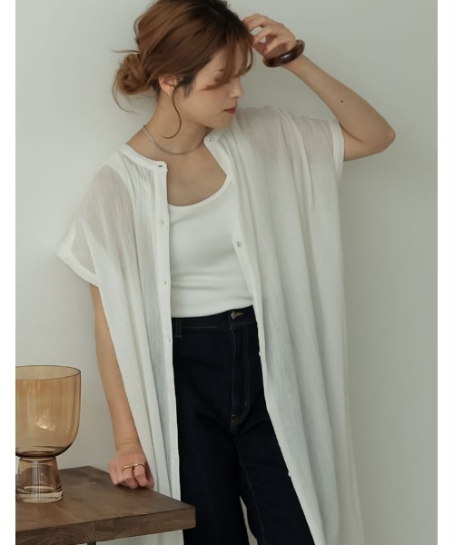 Re:EDIT（リエディ）の「インド綿楊柳マオカラーフレンチスリーブシャツワンピース（ワンピース・レディース・カーキ/オフホワイト/ブラック/オレンジ/モカ・LARGE/MEDIUM/SHORT）」の12枚目の写真