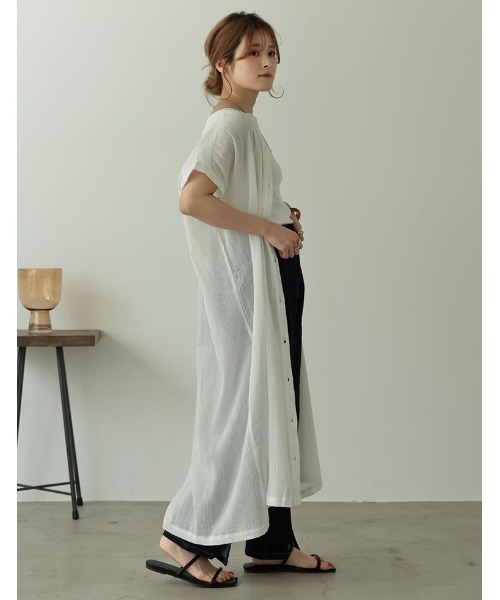 Re:EDIT（リエディ）の「インド綿楊柳マオカラーフレンチスリーブシャツワンピース（ワンピース・レディース・カーキ/オフホワイト/ブラック/オレンジ/モカ・LARGE/MEDIUM/SHORT）」の13枚目の写真