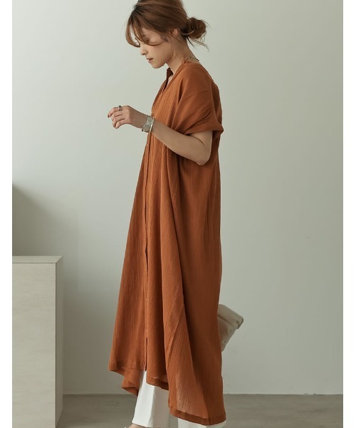 Re:EDIT（リエディ）の「インド綿楊柳マオカラーフレンチスリーブシャツワンピース（ワンピース・レディース・カーキ/オフホワイト/ブラック/オレンジ/モカ・LARGE/MEDIUM/SHORT）」の14枚目の写真