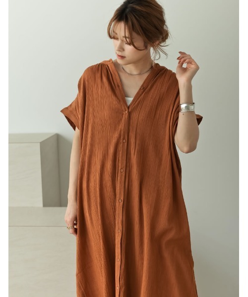 Re:EDIT（リエディ）の「インド綿楊柳マオカラーフレンチスリーブシャツワンピース（ワンピース・レディース・カーキ/オフホワイト/ブラック/オレンジ/モカ・LARGE/MEDIUM/SHORT）」の15枚目の写真