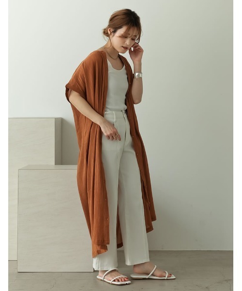 Re:EDIT（リエディ）の「インド綿楊柳マオカラーフレンチスリーブシャツワンピース（ワンピース・レディース・カーキ/オフホワイト/ブラック/オレンジ/モカ・LARGE/MEDIUM/SHORT）」の17枚目の写真