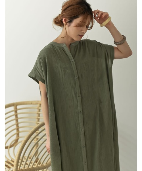 Re:EDIT（リエディ）の「インド綿楊柳マオカラーフレンチスリーブシャツワンピース（ワンピース・レディース・カーキ/オフホワイト/ブラック/オレンジ/モカ・LARGE/MEDIUM/SHORT）」の18枚目の写真