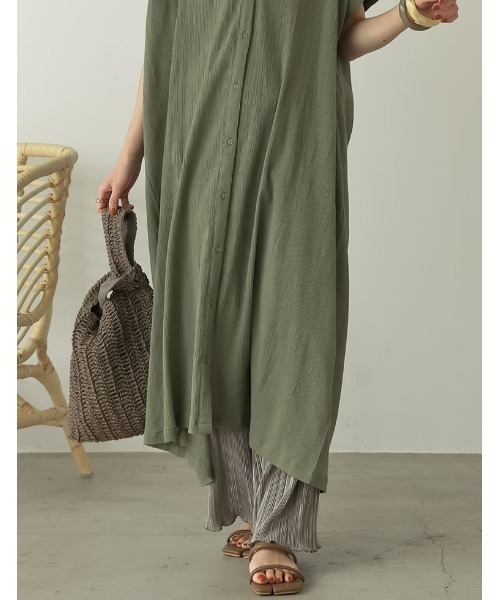 Re:EDIT（リエディ）の「インド綿楊柳マオカラーフレンチスリーブシャツワンピース（ワンピース・レディース・カーキ/オフホワイト/ブラック/オレンジ/モカ・LARGE/MEDIUM/SHORT）」の19枚目の写真