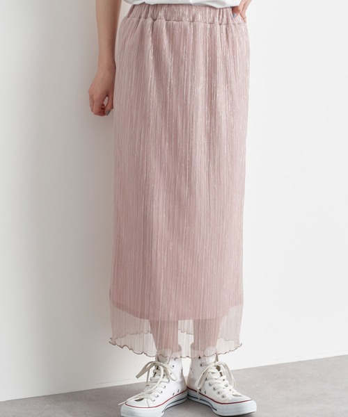earth music&ecology（アースミュージックアンドエコロジー）の「ランダムプリーツシアーラメスカート ＊（スカート・レディース・オレンジ/ブラック/ライトピンク/シルバー・FREE）」の3枚目の写真