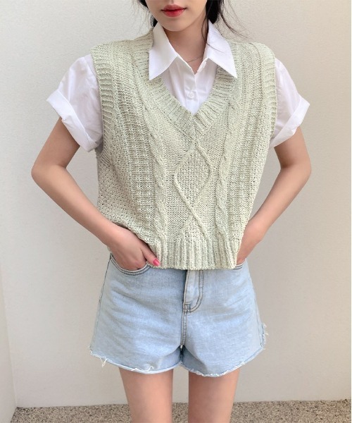 chuu（チュー）の「CHUU パステルサマーニットベスト（Tシャツ/カットソー・レディース・グレー/モカ/ミント/スカイブルー・FREE）」の6枚目の写真