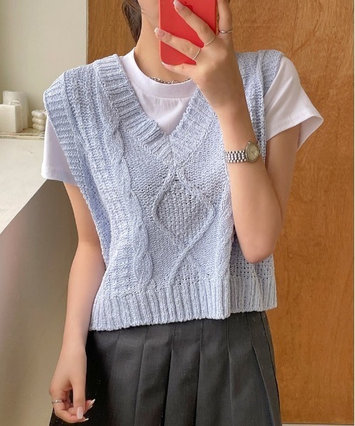 chuu（チュー）の「CHUU パステルサマーニットベスト（Tシャツ/カットソー・レディース・グレー/モカ/ミント/スカイブルー・FREE）」の8枚目の写真