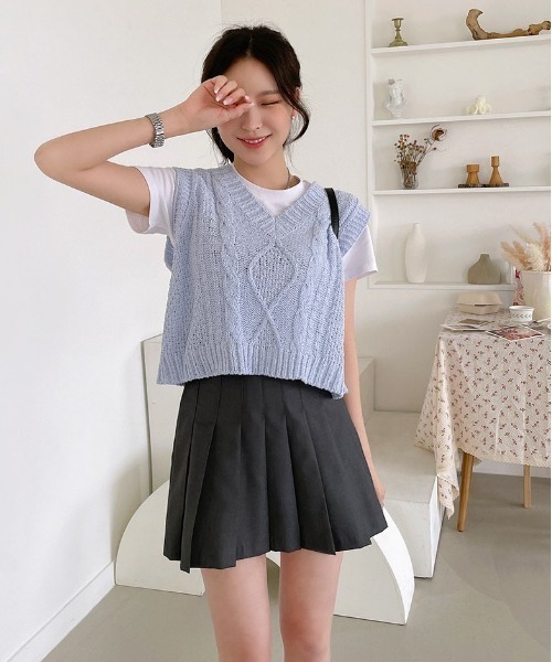 chuu（チュー）の「CHUU パステルサマーニットベスト（Tシャツ/カットソー・レディース・グレー/モカ/ミント/スカイブルー・FREE）」の5枚目の写真