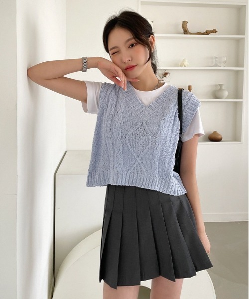 chuu（チュー）の「CHUU パステルサマーニットベスト（Tシャツ/カットソー・レディース・グレー/モカ/ミント/スカイブルー・FREE）」の11枚目の写真