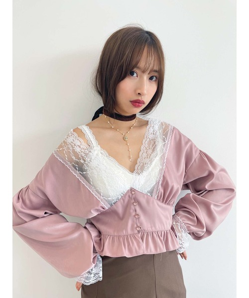 Honey Salon（ハニーサロン）の「Vネックサテンブラウス（シャツ/ブラウス・レディース・ピンク系その他/グレー系その他/ブラック・FREE）」の3枚目の写真