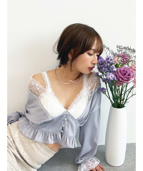 Honey Salon（ハニーサロン）の「Vネックサテンブラウス（シャツ/ブラウス・レディース・ピンク系その他/グレー系その他/ブラック・FREE）」の10枚目の写真