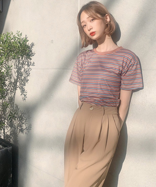 Voyage titty&Co.PETIT（ボヤージュティティアンドコープチ）の「【Voyage titty&Co.】マルチボーダーTee（Tシャツ/カットソー・レディース・ブラウン/グリーン/レッド・FREE）」の2枚目の写真