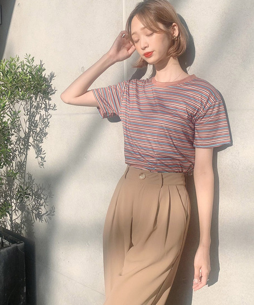 Voyage titty&Co.PETIT（ボヤージュティティアンドコープチ）の「【Voyage titty&Co.】マルチボーダーTee（Tシャツ/カットソー・レディース・ブラウン/グリーン/レッド・FREE）」の6枚目の写真