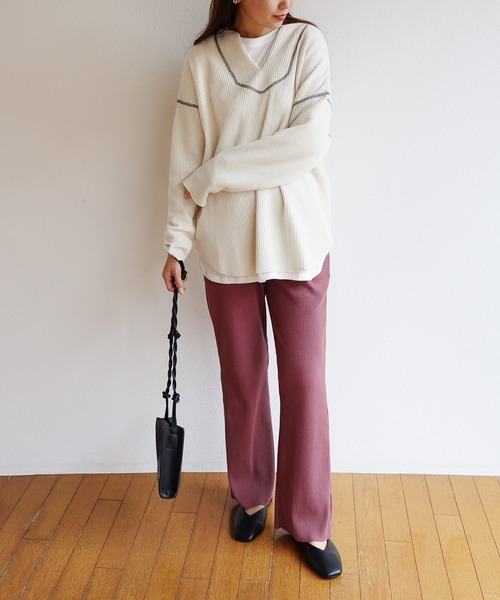 andme（アンドミー）の「起毛ワッフル長袖2wayキーネックTシャツ トップス（Tシャツ/カットソー・レディース・チャコールグレー/ベージュ/パープル/アイボリー・M）」の11枚目の写真