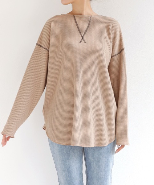 andme（アンドミー）の「起毛ワッフル長袖2wayキーネックTシャツ トップス（Tシャツ/カットソー・レディース・チャコールグレー/ベージュ/パープル/アイボリー・M）」の7枚目の写真