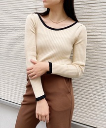 バイカラーパイピングパフスリーブリブニット