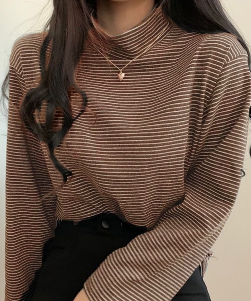 Girly Doll(ガーリードール)の「ハイネックボーダーカットソー(Tシャツ/カットソー・レディース・ホワイト/ブラック/ブラウン/グレー/グリーン・FREE)」の4枚目の写真
