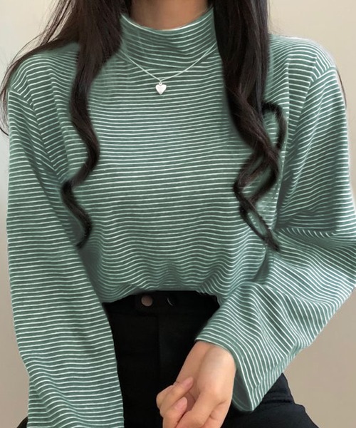 Girly Doll(ガーリードール)の「ハイネックボーダーカットソー(Tシャツ/カットソー・レディース・ホワイト/ブラック/ブラウン/グレー/グリーン・FREE)」の5枚目の写真