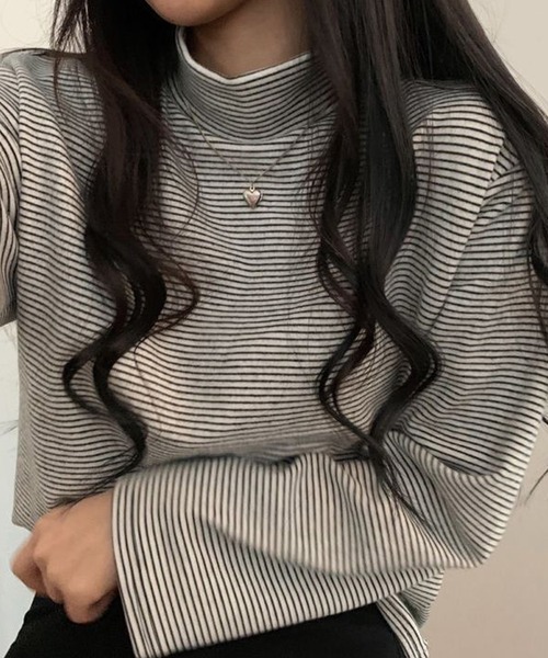 Girly Doll(ガーリードール)の「ハイネックボーダーカットソー(Tシャツ/カットソー・レディース・ホワイト/ブラック/ブラウン/グレー/グリーン・FREE)」の12枚目の写真