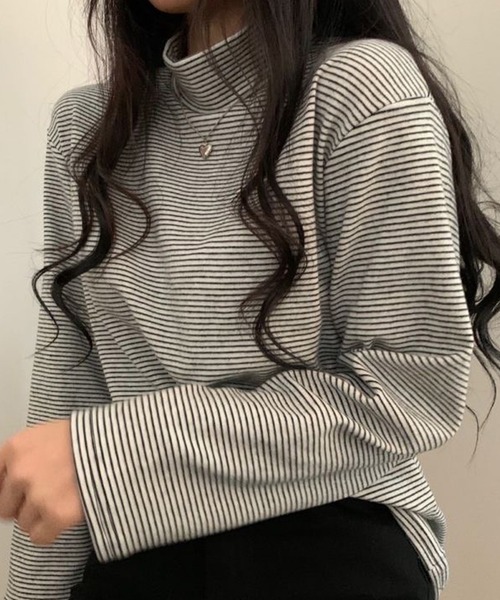 Girly Doll(ガーリードール)の「ハイネックボーダーカットソー(Tシャツ/カットソー・レディース・ホワイト/ブラック/ブラウン/グレー/グリーン・FREE)」の10枚目の写真