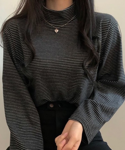 Girly Doll(ガーリードール)の「ハイネックボーダーカットソー(Tシャツ/カットソー・レディース・ホワイト/ブラック/ブラウン/グレー/グリーン・FREE)」の7枚目の写真