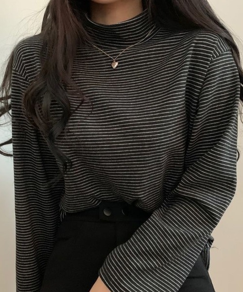 Girly Doll(ガーリードール)の「ハイネックボーダーカットソー(Tシャツ/カットソー・レディース・ホワイト/ブラック/ブラウン/グレー/グリーン・FREE)」の9枚目の写真