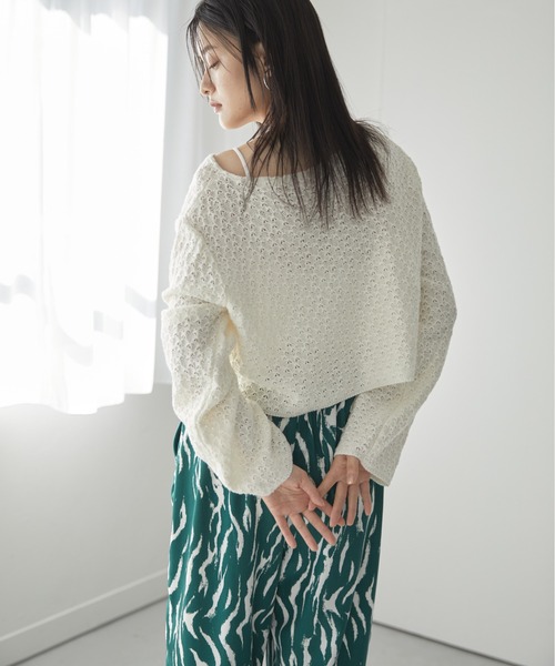 Happy John(ハッピージョン)の「openwork short tops/透かし編みショートトップス(Tシャツ/カットソー・レディース・ホワイト/ブラック/パープル/ブルー・FREE)」の1枚目の写真