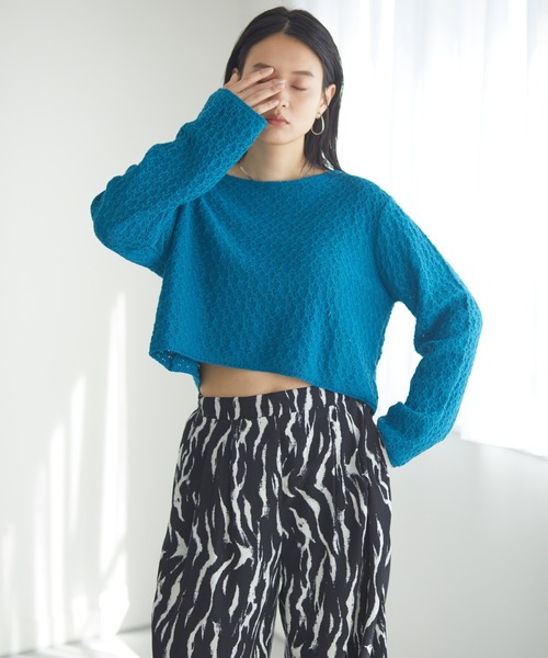 Happy John(ハッピージョン)の「openwork short tops/透かし編みショートトップス(Tシャツ/カットソー・レディース・ホワイト/ブラック/パープル/ブルー・FREE)」の3枚目の写真