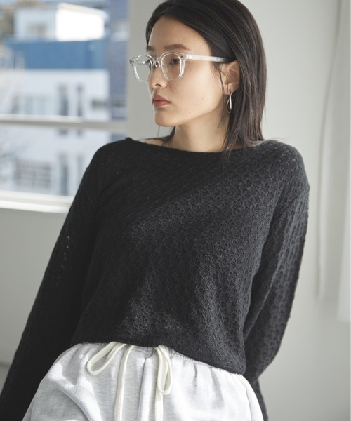 Happy John(ハッピージョン)の「openwork short tops/透かし編みショートトップス(Tシャツ/カットソー・レディース・ホワイト/ブラック/パープル/ブルー・FREE)」の2枚目の写真