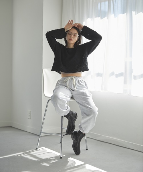 Happy John(ハッピージョン)の「openwork short tops/透かし編みショートトップス(Tシャツ/カットソー・レディース・ホワイト/ブラック/パープル/ブルー・FREE)」の5枚目の写真