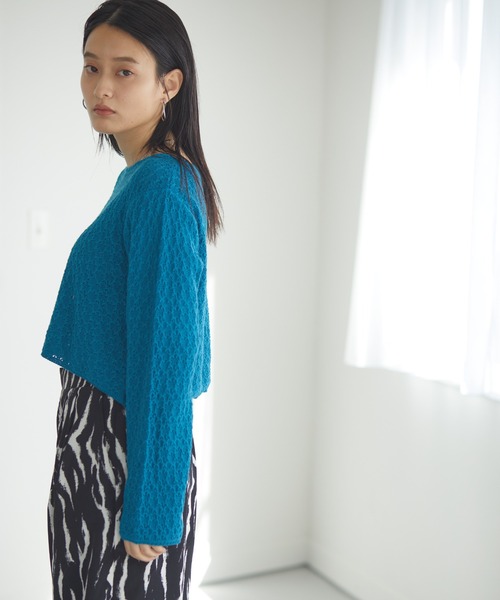 Happy John(ハッピージョン)の「openwork short tops/透かし編みショートトップス(Tシャツ/カットソー・レディース・ホワイト/ブラック/パープル/ブルー・FREE)」の12枚目の写真