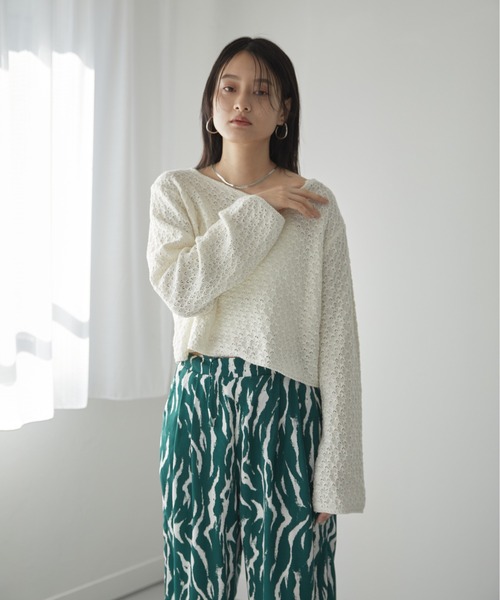 Happy John(ハッピージョン)の「openwork short tops/透かし編みショートトップス(Tシャツ/カットソー・レディース・ホワイト/ブラック/パープル/ブルー・FREE)」の7枚目の写真