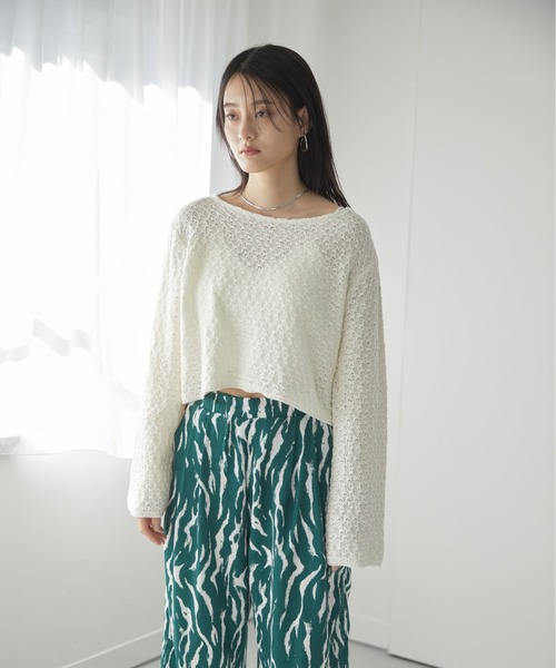 Happy John(ハッピージョン)の「openwork short tops/透かし編みショートトップス(Tシャツ/カットソー・レディース・ホワイト/ブラック/パープル/ブルー・FREE)」の8枚目の写真