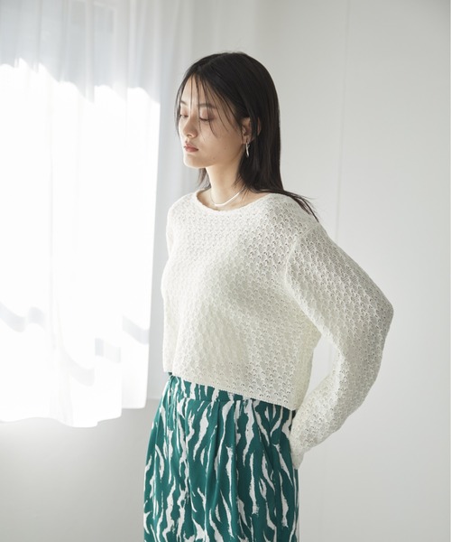 Happy John(ハッピージョン)の「openwork short tops/透かし編みショートトップス(Tシャツ/カットソー・レディース・ホワイト/ブラック/パープル/ブルー・FREE)」の9枚目の写真