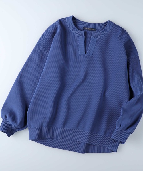 HONEYSUCKLE ROSE（ハニーサックルローズ）の「【HONEYSUCKLE ROSE】洗えて軽いキーネックニット（ニット/セーター・レディース・ブルー/ベージュ/オフホワイト・M/L）」の6枚目の写真