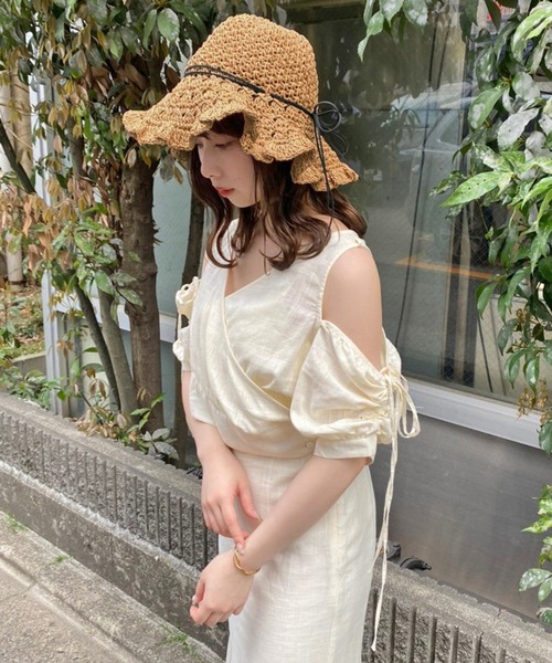 one after another NICE CLAUP（ワンアフターアナザーナイスクラップ）の「透かし編みストローハット（ハット・レディース・アイボリー/ブラック・FREE）」の9枚目の写真