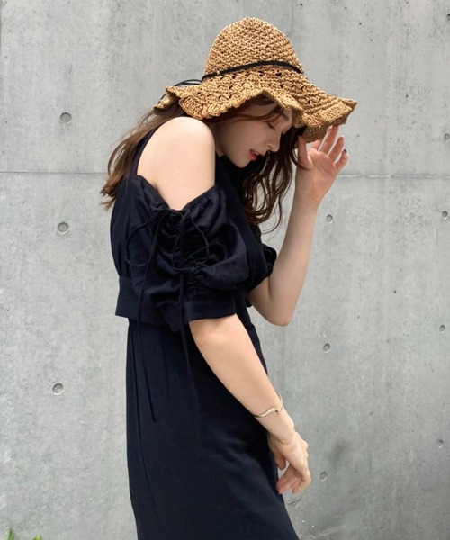 one after another NICE CLAUP（ワンアフターアナザーナイスクラップ）の「透かし編みストローハット（ハット・レディース・アイボリー/ブラック・FREE）」の5枚目の写真