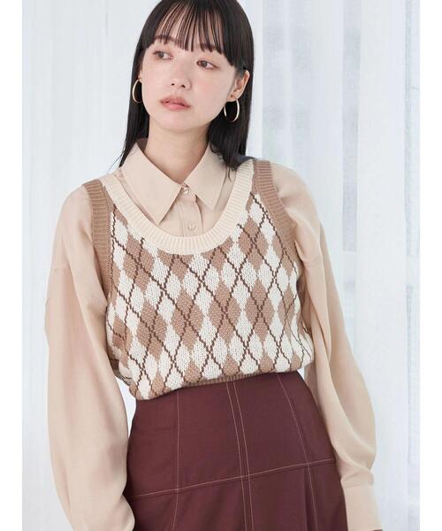 earth music&ecology（アースミュージックアンドエコロジー）の「アーガイルニットショートベスト（ベスト・レディース・ベージュ/ネイビー/アイボリー・FREE）」の5枚目の写真