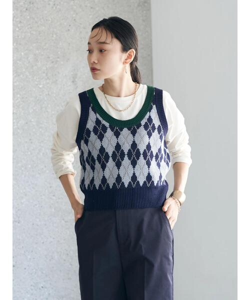 earth music&ecology（アースミュージックアンドエコロジー）の「アーガイルニットショートベスト（ベスト・レディース・ベージュ/ネイビー/アイボリー・FREE）」の7枚目の写真