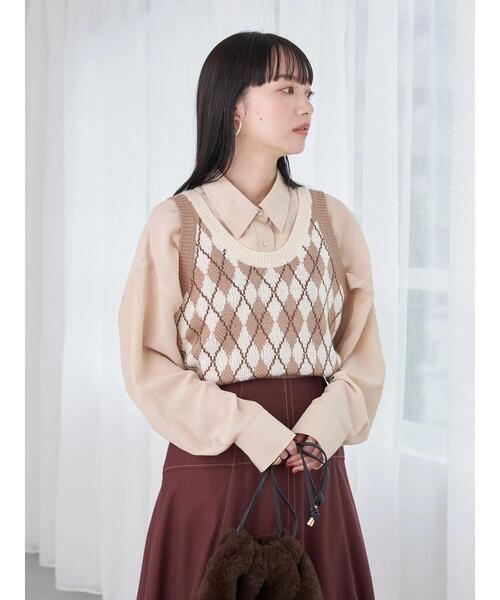 earth music&ecology（アースミュージックアンドエコロジー）の「アーガイルニットショートベスト（ベスト・レディース・ベージュ/ネイビー/アイボリー・FREE）」の15枚目の写真