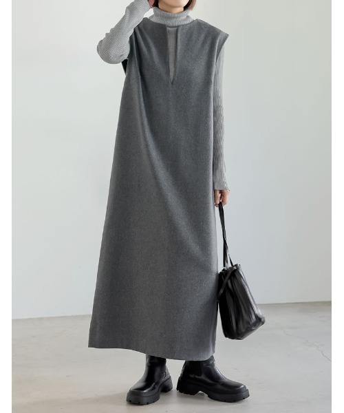 Re:EDIT（リエディ）の「[低身長/高身長サイズ有]ウール混キーネックジャンパースカート（ジャンパースカート・レディース・ブラック系その他/ブラック/ブラウン系その他/グレー・SHORT/LARGE/TALL/MEDIUM）」の10枚目の写真