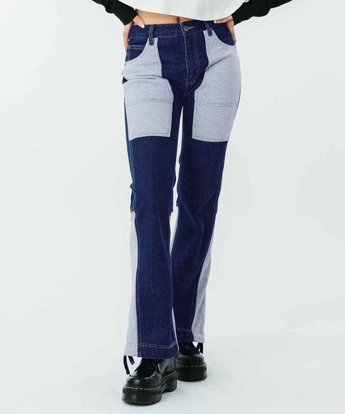 X-girl（エックスガール）の「JERSEY WOVEN MIX PANTS（その他パンツ・レディース・インディゴブルー/ベージュ/ブラック・S/M/XS）」の3枚目の写真