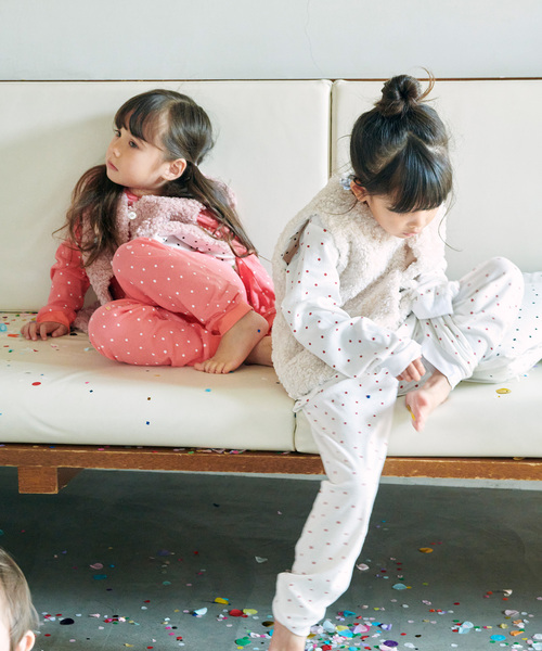 日本未入荷 YSO★レッドチェック×ドットリボン パジャマセット antiqua 上下セット ルームウェア ドット柄 キッズ 子供服