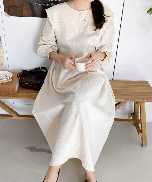 Dalfwin(ダールフィン)の「セーラーカラー長袖ロング丈ワンピース(ワンピース・レディース・ベージュ/ブラック・FREE)」の3枚目の写真