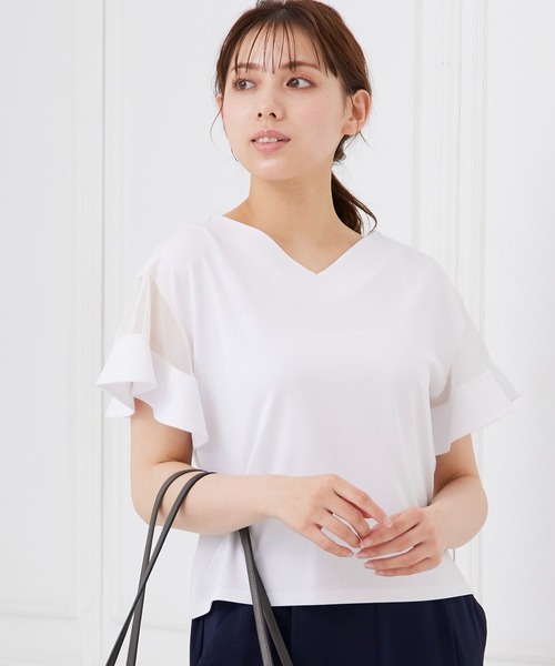 12Twelve Agenda（トゥエルブ　アジェンダ）の「Vネックシアーフレアスリーブカットソープルオーバー（Tシャツ/カットソー・レディース・ライトグレー/ブラック/オフホワイト/ブルー・M）」の3枚目の写真