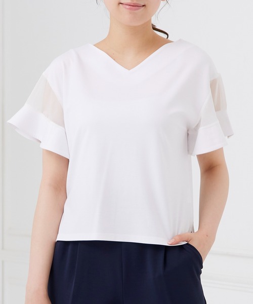 12Twelve Agenda（トゥエルブ　アジェンダ）の「Vネックシアーフレアスリーブカットソープルオーバー（Tシャツ/カットソー・レディース・ライトグレー/ブラック/オフホワイト/ブルー・M）」の6枚目の写真