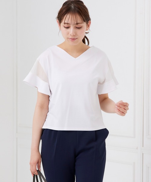 12Twelve Agenda（トゥエルブ　アジェンダ）の「Vネックシアーフレアスリーブカットソープルオーバー（Tシャツ/カットソー・レディース・ライトグレー/ブラック/オフホワイト/ブルー・M）」の5枚目の写真