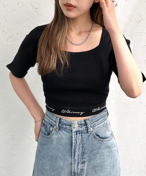 apres jour mignon（アプレジュールミニョン）の「ロゴ入りショートニット【ZOZOTOWN限定アイテム】（ニット/セーター・レディース・アイボリー/その他/ブラック系その他/ブラック・X-LARGE/フリー）」の3枚目の写真