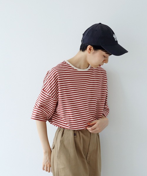 PAR ICI（パーリッシィ）の「ボーダー配色バインダー 5分袖BIG Tシャツ（Tシャツ/カットソー・レディース・ネイビー/オレンジ/ブルー/オレンジ系その他/ダークグリーン/グリーン/レッド・FREE）」の7枚目の写真